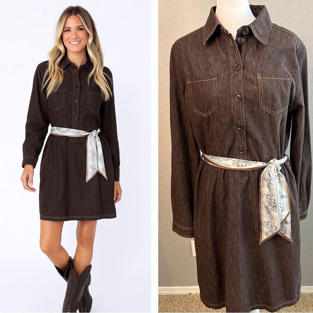 Boden Brown Long Sleeve Dress with Belt
